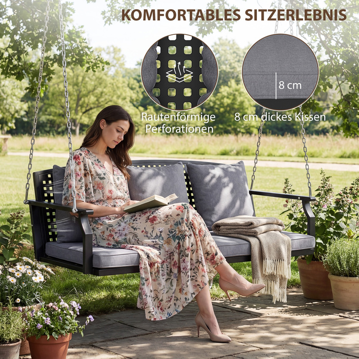 Гойдалка для веранди на 3 особи, садова гойдалка-лавка з 3 спинками, сидінням, кріпленням для підвішування, сірого кольору