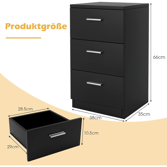 Тумбочка COSTWAY 3 ящики, високий глянець, 37x34x66.5 см, білий/чорний матовий, набір з 2 шт.