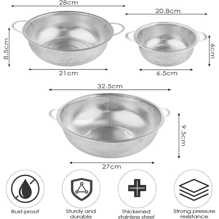 Друшляк Rseuphiee 3 шт. , кухонний друшляк з нержавіючої сталі, мікроперфорований друшляк для макаронів круглий з подвійною ручкою, зливний друшляк для спорожнення та фільтрації, дрібний друшляк для макаронів, фруктів та овочів (6,5 см/22,5 см/28см)