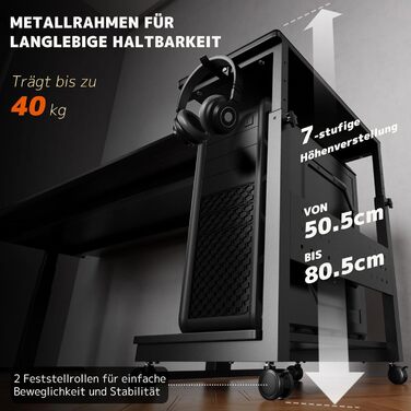 Підставка для ПК з регулюванням висоти PUTORSEN, 2 рівні, з роликами та підкладкою для миші, чорний Full-Tower (до 40 кг/рівень)