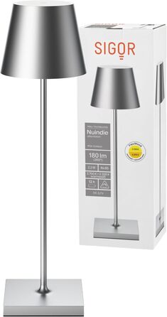 LED акумуляторна лампа SIGOR Nuindie - регульована яскравість, для дому та вулиці, 38 см, срібна, 12 годин роботи, Easy Connect