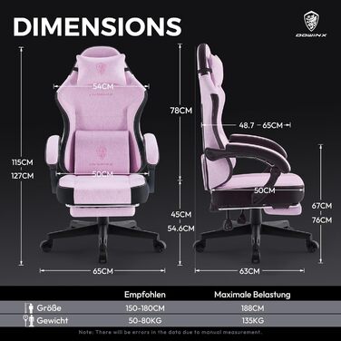 Ігровий крісло Dowinx з тканини, з пружинним сидінням та масажем попереку, офісне крісло з підніжкою для дорослих, ергономічне, велике та високе, 135 кг, рожеве