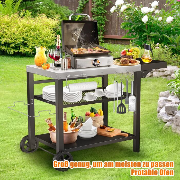 Нержавіюча сталева візок для гриля Denmay з 3 ярусами, піч для піци, робочий стіл для гриля, візок для обслуговування на відкритому повітрі