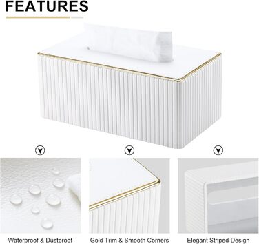 Скляниця для серветок KingFOM з золотим обідком, шкіра PU, для вітальні, ванної кімнати та офісу (біла, прямокутна)