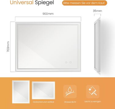 Дзеркало для ванної кімнати EMKE з підсвіткою 50x60 см, антизапарник, холодний білий, диммування, сенсорне управління, функція пам'яті, автоматичне вимкнення через 3 години, IP44, енергозберігаюче (90x70 см)