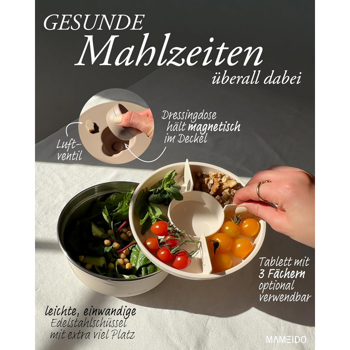 MAMEIDO Salatbox to go 1,5 л: ланчбокс з нержавіючої сталі, бенто-бокс з відділеннями, 1500 мл, Ivory Beige