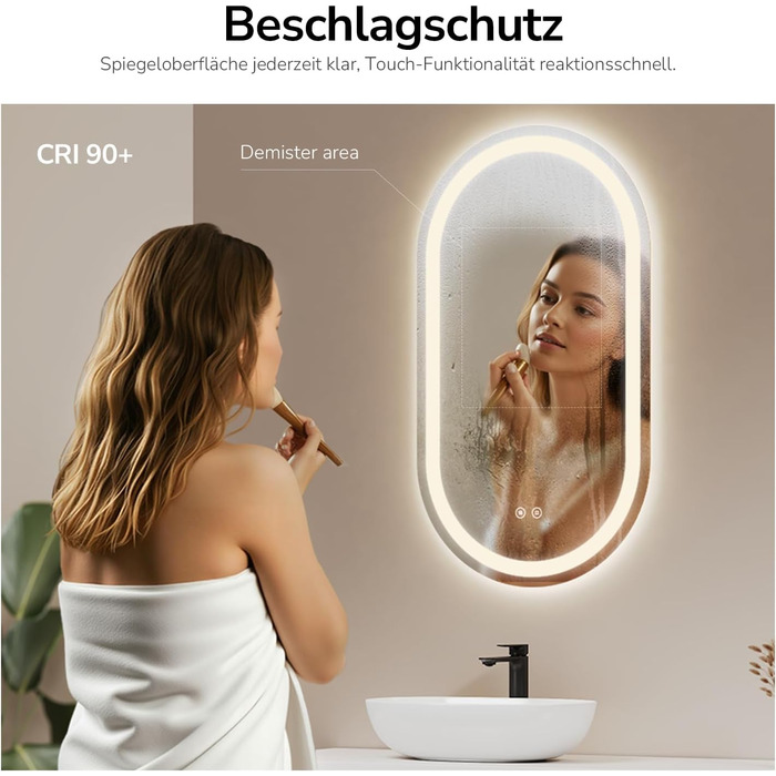 Дзеркало для ванної кімнати EMKE з підсвічуванням 50x90 см, овальне, з сенсорним перемикачем, 3 кольори світла, регулювання яскравості, антизапарник, функція пам'яті, автоматичне вимкнення через 3 години