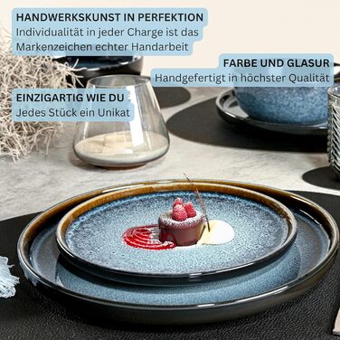 Набір посуду SÄNGER Steingut 18 предметів: 6 тарілок, 6 мисок, 6 десертних тарілок, блакитний колір з чорним бордюром, стійкий до подряпин. VALUE COLLECTION (Осака)