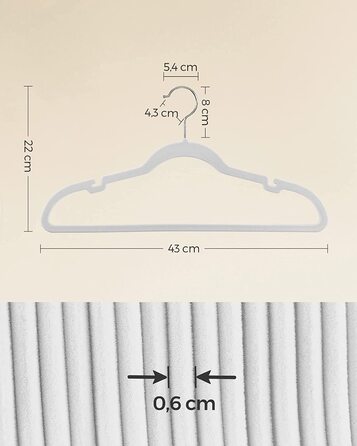 Оксамитова вішалка SONGMIC, комплект з 30 предметів, на кісточках, нековзна, з виїмками в області плечей, для брюк, з гачком, що повертається на 360 , компактна, товщиною 0,6 см, довжиною 43 см, CRF029V03 (білий)