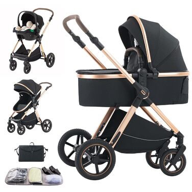 Дитяча коляска Shineey 3 в 1, Buggy, комбінована коляска з великою люлькою, алюмінієвий каркас (D2 BLACK)