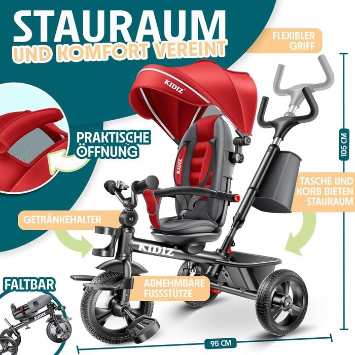 Триколісний велосипед KIDIZ 6-в-1 для малюків від 9 місяців до 25 кг: з ручкою, кошиком, сонцезахисним дахом, червоний