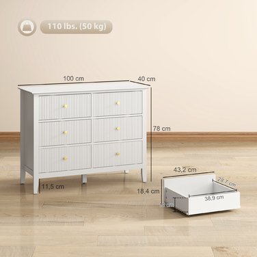 Комод-тумба з 6 висувними ящиками. Сучасна шафа для зберігання в вітальні, спальні або передпокої. Розміри: 100 x 40 x 78 см. Колір: білий.
