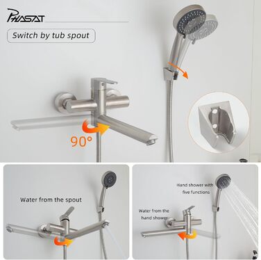 Набір змішувач для ванни PHASAT з витяжною лійкою, чорний, настінний монтаж, PTBB13E (довга лійка, нікель B)