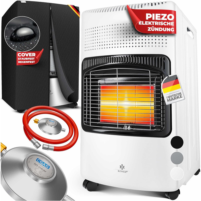 Газовий обігрівач KESSER 4200W з керамічним нагрівачем, регулятором, шлангом та захисним кожухом. Підходить для бутану/пропану до 15кг. Чорний