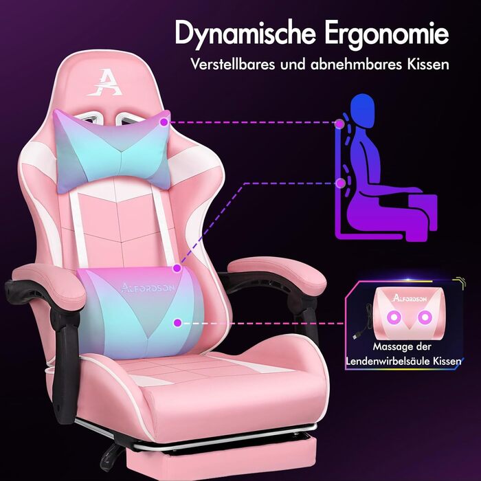 Ігровий крісло Alfordson з регульованою підніжкою, 8 точками масажу, нахилом 150°, PU-шкіра, чорний (Eryx - Рожевий, серія Eryx)