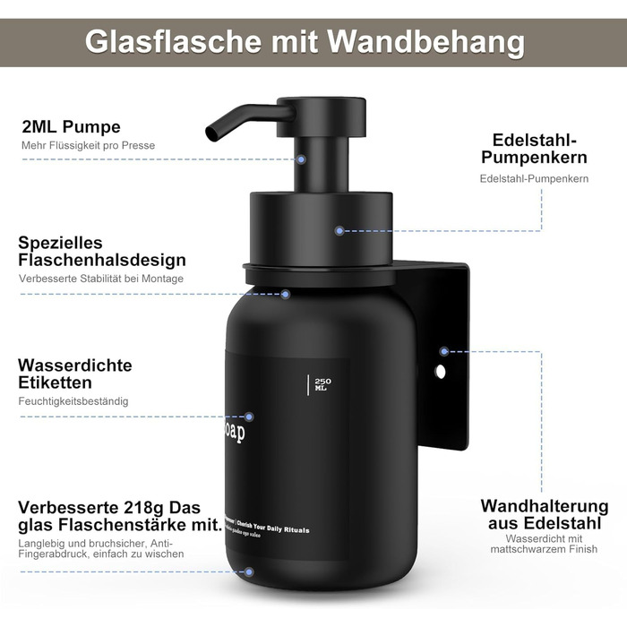 Настінний диспенсер для мила чорного кольору 250 мл [2 шт.] - настінний дозатор для мила, без свердління, для шампуню та гелю для душу. Матовий чорний.