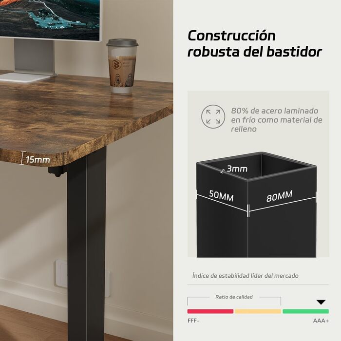 Регульований за висотою стіл Airfish з USB-роз'ємом, електричний стіл з підставкою для кабелів, комп'ютерний стіл, офісний стіл, столик для стояння з нагадуванням про сидячу роботу, 120 x 70 см, вінтажний коричневий