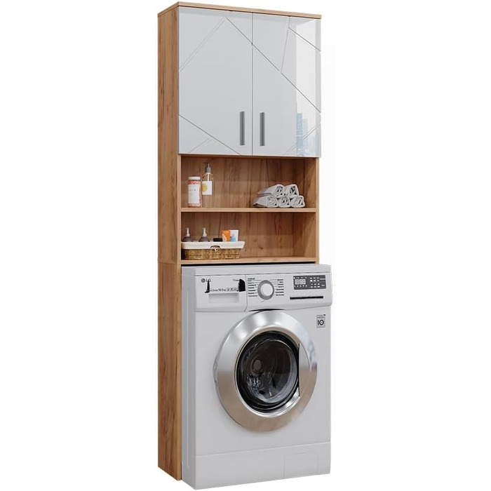 Шафа для пральної машини Vicco Irma, білий глянець/дуб, 64x190,5 см, ванна шафа над пральною машиною