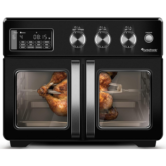 TurboTronic Міні-піч 4в1: конвекційна піч, фритюрниця, дегідратор, гриль. Об'єм 32л, з поворотним шампуром та аксесуарами. Чорний колір.