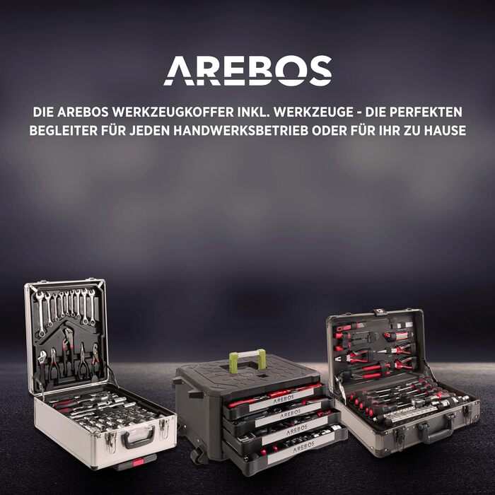 Набір інструментів Arebos 1200 предметів в алюмінієвому кейсі на колесах | Валіза для інструментів з 4 відділеннями та телескопічною ручкою | Майстерня, гараж, дім