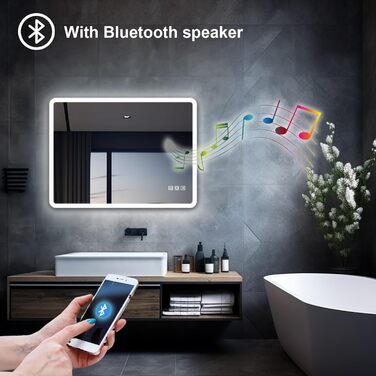 MIQU LED дзеркало для ванної кімнати з підсвічуванням 100x60 см, дзеркало для ванної з сенсорним регулюванням, антизапар, 3 кольори світла + Bluetooth + розетка, прямокутне з закругленими кутами