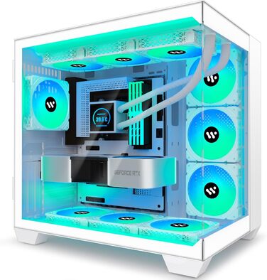 Ігровий корпус KEDIERS H9 ATX Mid Tower з 9 ARGB вентиляторами, подвійне загартоване скло, білий, для комп'ютера