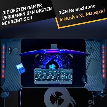 Ігровий стіл KLIM K140 зі світлодіодом, управління кабелями, килимок для миші, 140x60 см, стійкий, метал/дерево, НОВИНКА 2024 року
