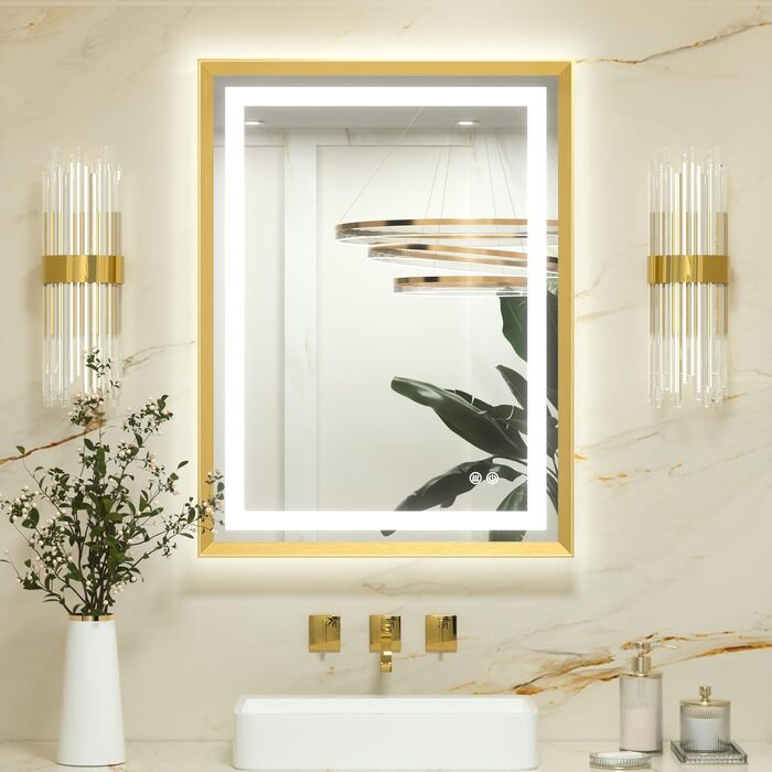 Дзеркало для ванної кімнати Keonjinn з підсвічуванням, металевий каркас 50x70 см, антизапар, LED, сенсорне керування, 3 кольори світла, диммування, пам'ять, настінне дзеркало (Золотий, 80x60 см)