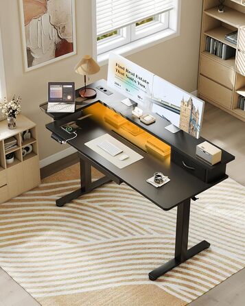 Регульований стіл OffiGo 140x60 см з L-подкоркой, USB-роз'ємом та висувною шухлядою. Чорний колір.