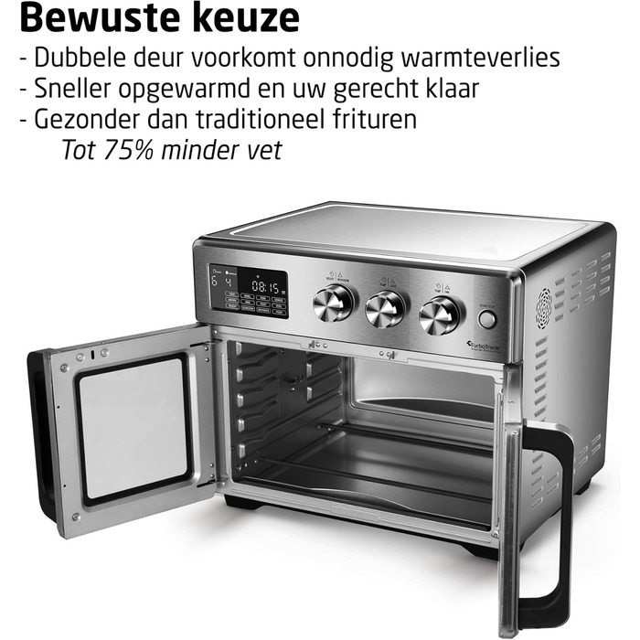 TurboTronic Міні-піч 4-в-1: Конвекційна піч, фритюрниця, дегідратор, гриль. Об'єм 32л, з поворотним шампуром та аксесуарами. Airfryer, піч для піци, міні-стіл (сріблястий)