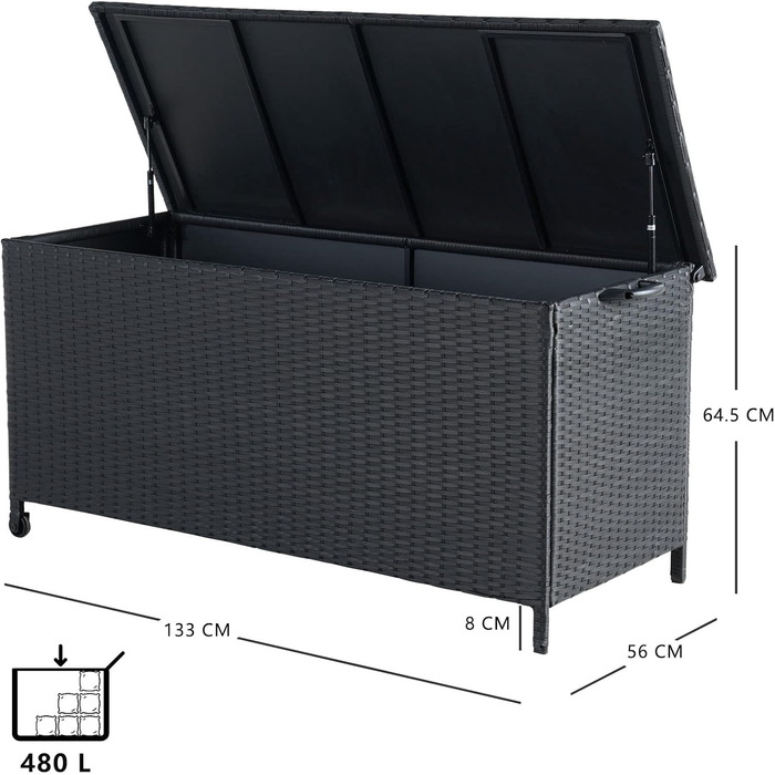 Ящик для зберігання садовий плетений Grand Patio 480л з кришкою, газліфтом, колесами, чорний