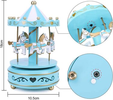 Дерев'яна вінтажна музична шкатулка з каруселлю, Обертова музична шкатулка на 4 коні з яскравим світлодіодним освітленням, прикраса для іграшок, Різдвяний подарунок для дівчаток, дітей (синій)