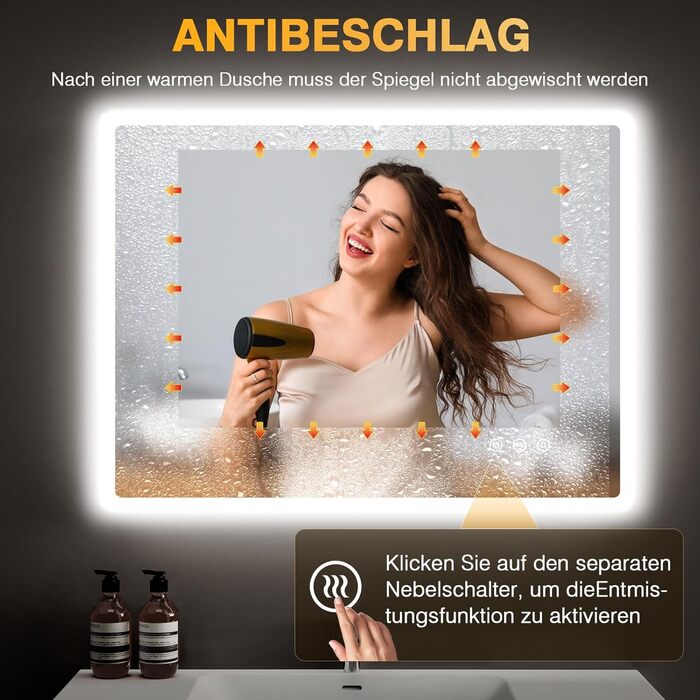 LED дзеркало для ванної кімнати 80x60 см з підсвічуванням, диммування, антизапар, 3 кольори світла, IP44, функція пам'яті, горизонтальне/вертикальне кріплення