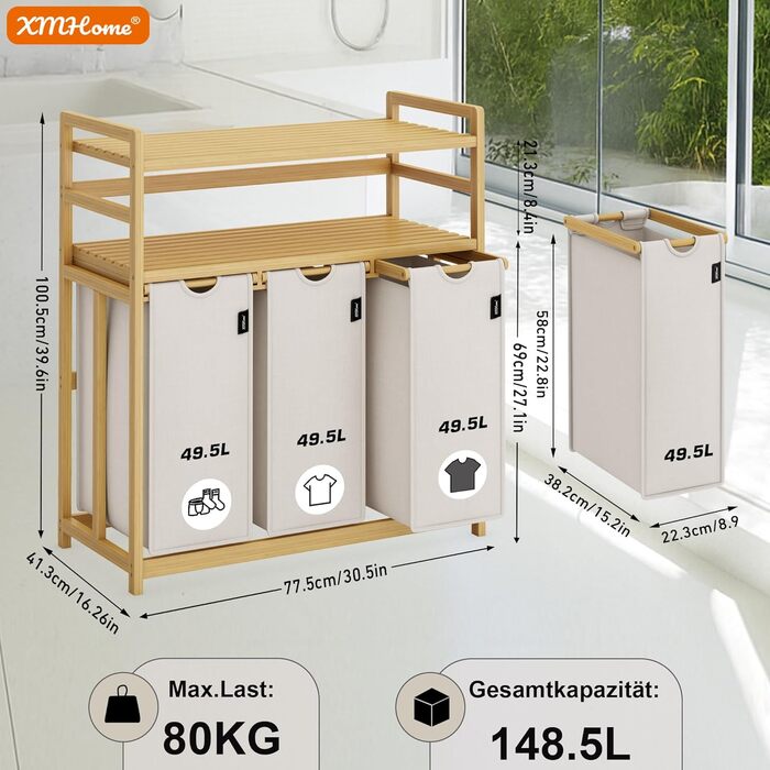 Бамбуковий сортер для білизни з 3 відділеннями, 148 літрів, 2 яруси, великий кошик для білизни з знімним мішком, прямокутна коробка для ванної, спальні та пральні, 77.5x41.3x100.5 см, бежевий (сірий)