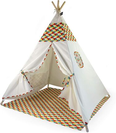 Hej Lønne Kinder Tipi, білий намет-типі з кольоровим візерунком, 120x120x150 см, з підлогою та вікнами, для гри в приміщенні та на вулиці, безпечний для дітей
