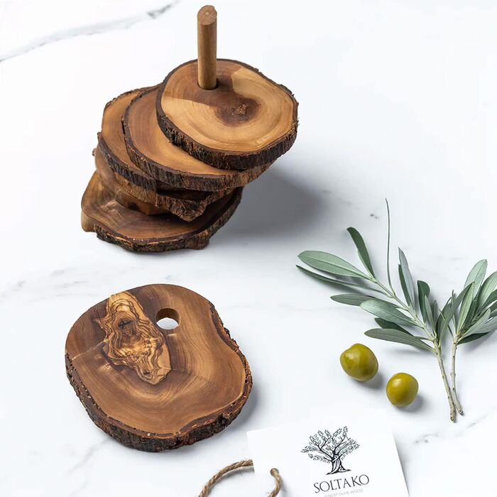 SOLTAKO підставки виготовлені з високоякісного оливкового дерева, натуральне та необроблене, сільське, кругле, діаметр приблизно 12 см, в комплекті, 6 шт.