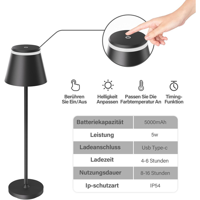 LED-лампа настільна бездротова Neoglint (2 шт) з бездротовою зарядкою та пультом ДУ, чорна