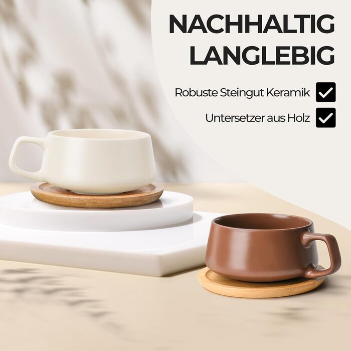 Набір кавових чашок Miamio 4 шт. з підставками (320 мл) - бежевий пастельний, 320 мл, Steingut, сучасний дизайн