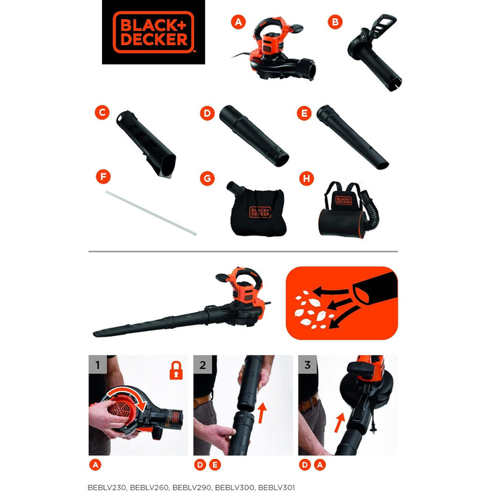 Black+Decker 3-в-1 електропристрій для прибирання листя BEBLV301 (3000 Вт) з подрібнювачем, решетом та мішком-рюкзаком 72л - висока швидкість видуву та регульована потужність всмоктування