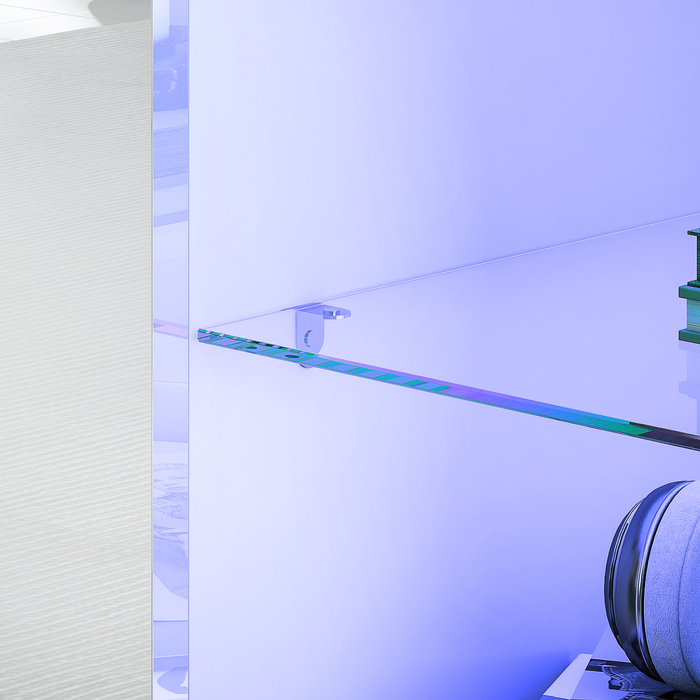 Телевізійна тумба з LED-підсвіткою, 2 дверцятами, скляною полицею, отворами для кабелів, для вітальні, виготовлена з ДСП, білого кольору.