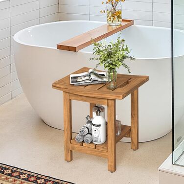 Дзеркало для ванної кімнати LUE BONA з масивного тикового дерева, квадратна лавка для ванної кімнати з дерева, водонепроникний стілець для душу, спа та ванної кімнати, 39.9×29.5×41.4см, (Натуральне тикове дерево)