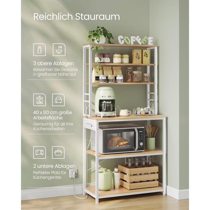 Полична шафа VASAGLE для кухні з розетками, мікрохвильова шафа, 6 полиць, 6 гачків, сталевий каркас, 40 x 80 x 167 см, вінтажний колір, KKS119K06