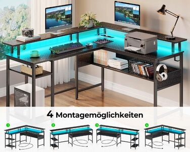 Роланстар Стіл ігровий L-подібний з LED та розеткою, 137 x 108 см, комп'ютерний стіл з підставкою для монітора та місцем для зберігання, реверсивний кутовий стіл для офісу, домашнього офісу (Білий) (Чорний)