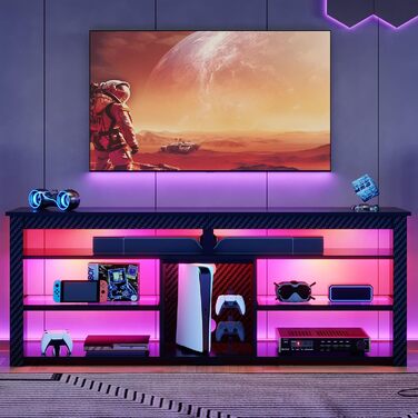 Тумба під телевізор Bestier 70 дюймів з підсвіткою LED, для PS5, чорна карбонова - 160x33.8x66.8 см