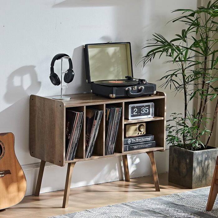 Сумка для вінілових платівок LELELINKY: стійка підставка для 220 платівок, з міцними дерев'яними ніжками, Mid-Century стиль, біле вінілове сховище (дуб)