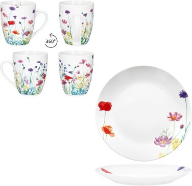 Набір посуду MamboCat Marie (12 предметів) для 6 осіб | Фарфоровий посуд з квітковим декором | 6 тарілок та 6 чашок 320 мл | Для сніданку та кави