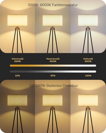 Торшер EDISHINE світлодіодний, з можливістю затемнення, штатив металевий штатив, лляний абажур, в т.ч. E27 LED, чорний