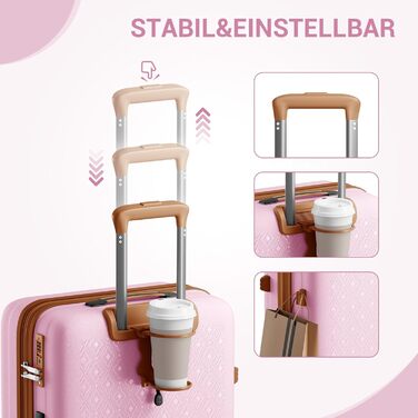Валіза ручної поклажі KONO з тримачем для напоїв, рожево-коричнева, поліпропілен, розширювана, з TSA замком