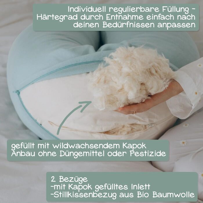 Подушка для годування Stillkissen XXL з органічної бавовни та наповнювачем з капоку | велика подушка для годування та пляшечки | вагітна подушка для сну на боці | антиалергенна та тиха | 190x30 см, кремовий колір, перкал (фіалка, в'язана)