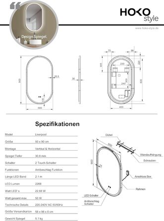 Дзеркало для ванної кімнати HOKO круглої форми 80см з підсвічуванням, антизапарюванням, рамкою, сенсорним вимикачем, пам'яттю та регулюванням світла (2700-6500K) - тепле, холодне, нейтральне світло (90x50 см, золотий овал)